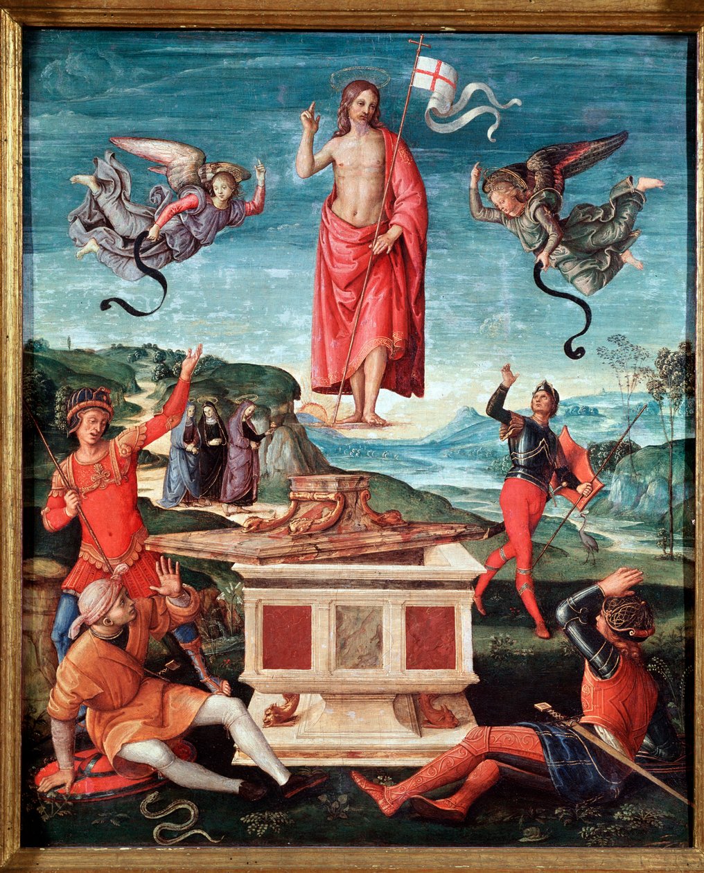 A Ressurreição (A Ressurreição de Cristo) Jesus Cristo tem uma cruz de pau no final da qual flutua uma bandeira branca (padrão) ataca com uma cruz vermelha - Pintura de Raffaello Sanzio dit Raphael (1483-1520) 1501-1502 Dim 52x44 cm São Paulo, Museu de Art de Raphael