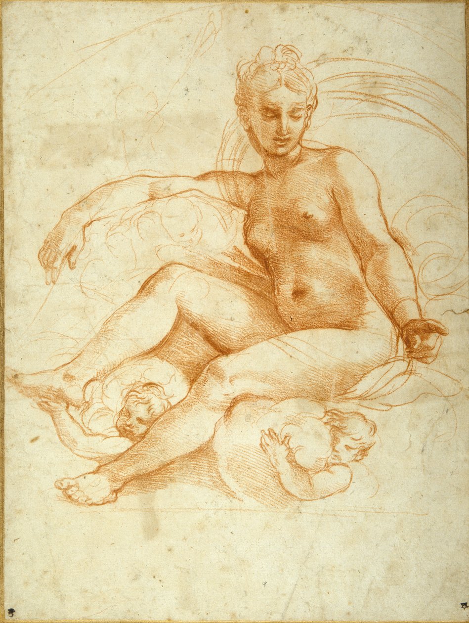 Vénus sentado sobre nuvens apontando para baixo (giz vermelho sobre papel branco) de Raphael