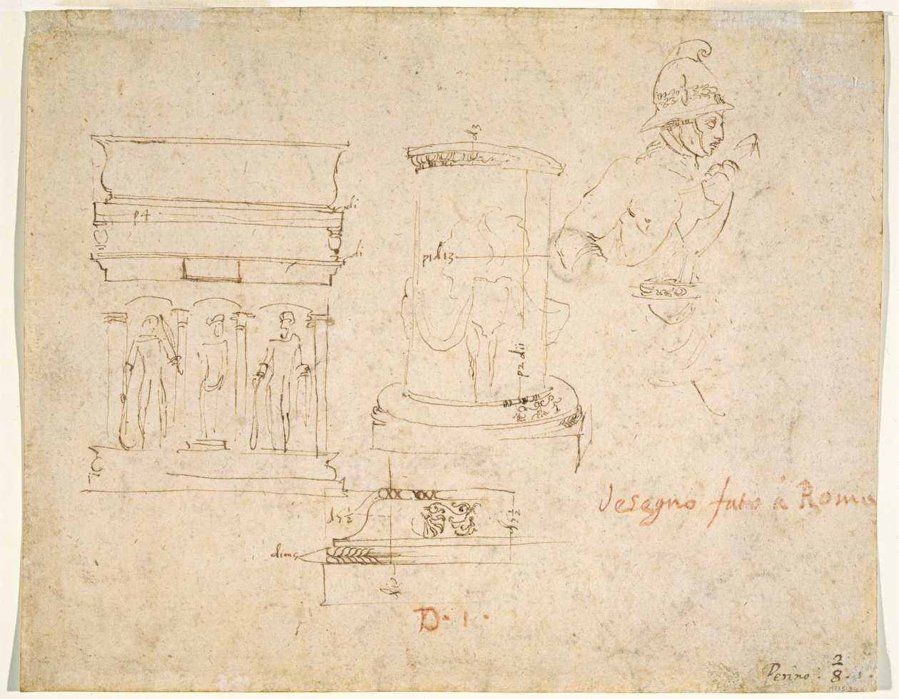 Detalhes arquitetônicos e um soldado [verso] de Raphael
