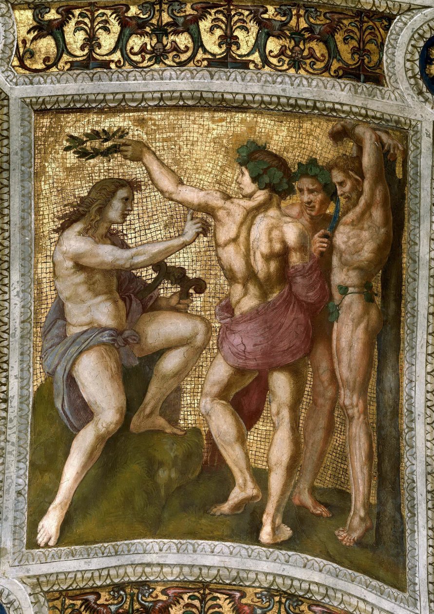 Marsias e Apolo. Fresco de teto em Stanza della Segnatura, ca 1510-1511. de Raphael