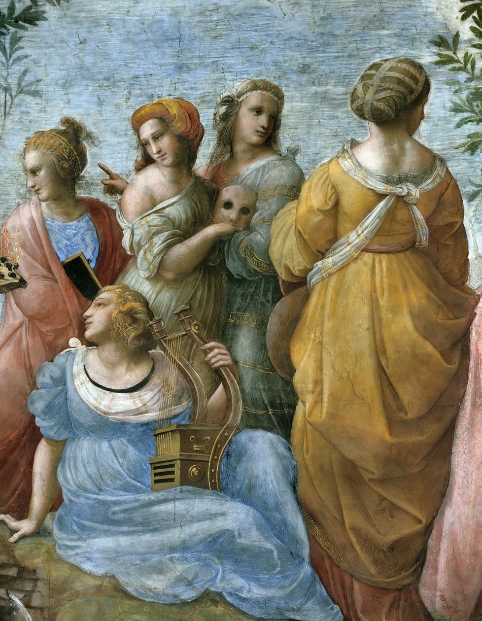O Parnaso. Detalhe. Fresco na Stanza della Segnatura, ca 1510-1511. de Raphael
