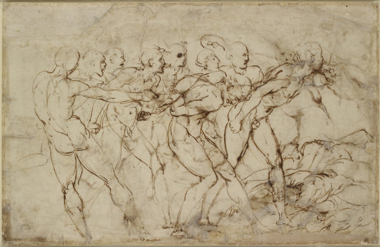 Uma batalha de guerreiros nus com cativos, WA1846.179 (caneta e tinta marrom sobre giz preto) de Raffaello Sanzio Raphael