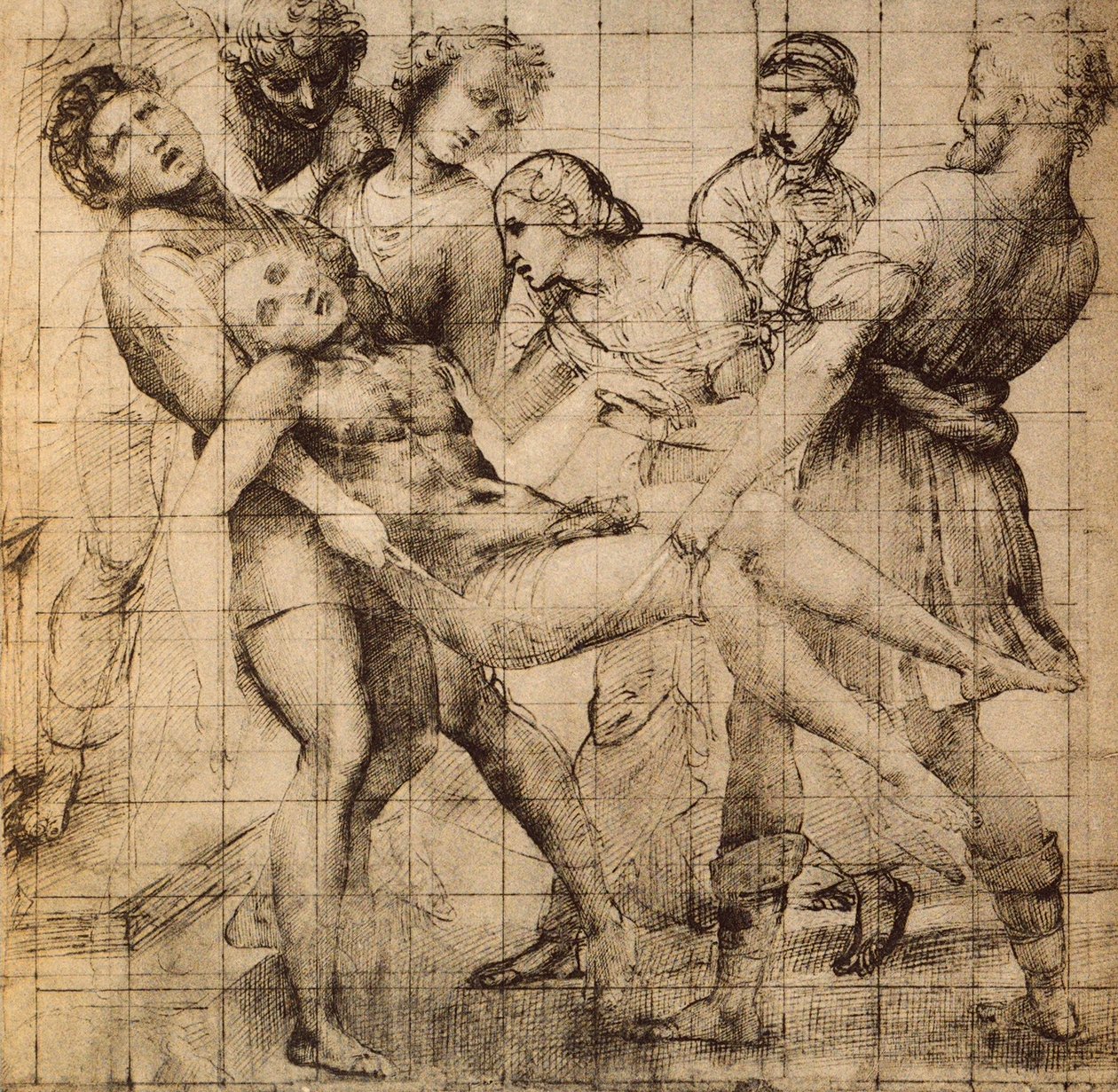 Desenho Preparatório para o Transporte dos Mortos de Cristo; trabalho de Rafael. Uffizi, Florence, Gabinete de Desenhos e Estampas de Raffaello Sanzio Raphael