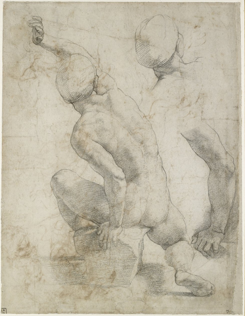 Recto: Homem nu sentado em uma pedra, WA1846.200 (giz preto sobre papel branco) de Raffaello Sanzio Raphael