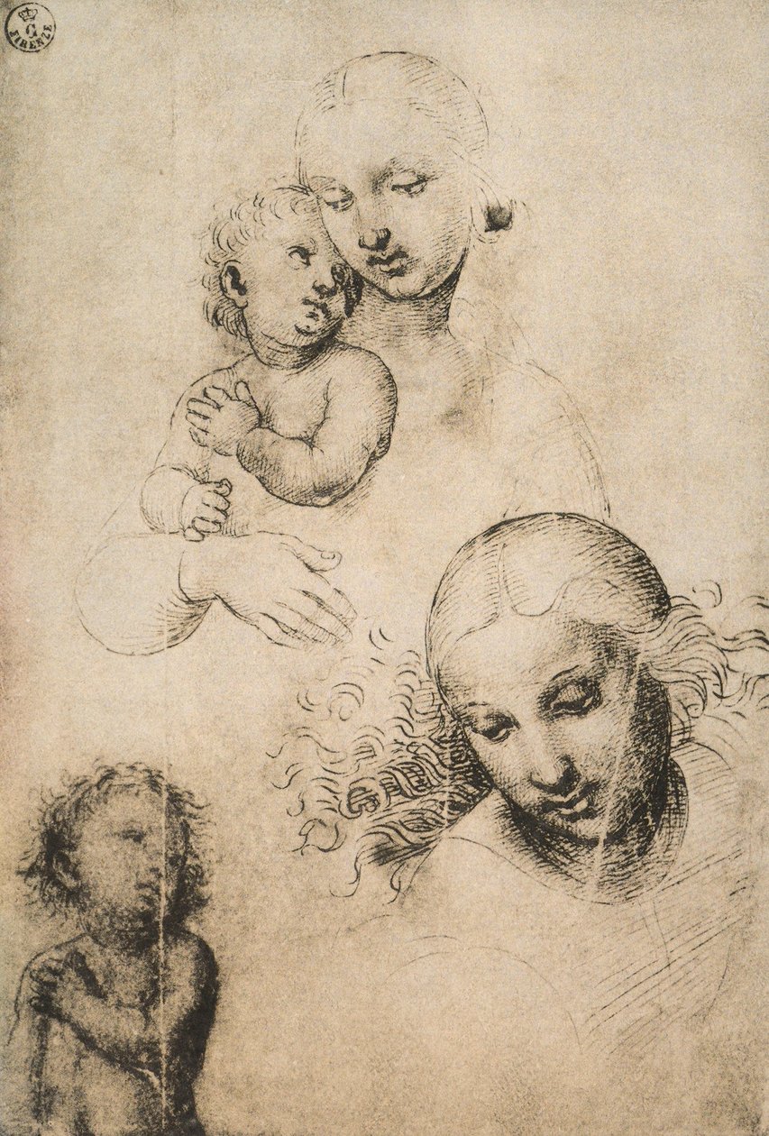 Estudo para uma Madonna e Criança, desenhando por Raffaello Sanzio. Gabinete de Desenhos e Gravuras, Galeria Uffizi, Florença de Raffaello Sanzio Raphael