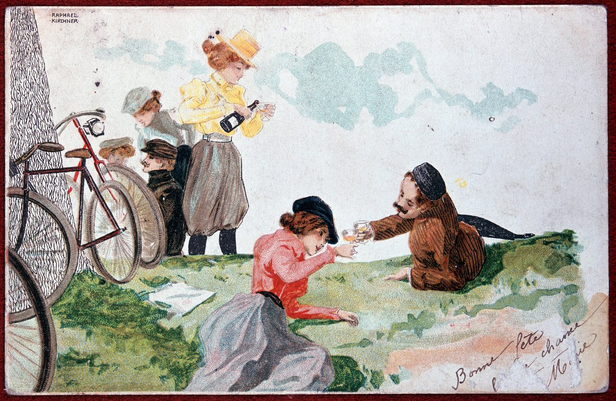 Country Party: Picnic e Ciclismo - ilustração de R. Kirchner, v.1900 de Raphael Kirchner