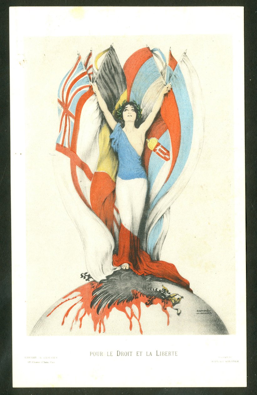 Cartão Postal, Cor Satirical: Pela Lei e Liberdade - Guerra de 14 -18, Aliados, Bandeiras - Ilustração da Águia de Kirchner (1876-1917) de Raphael Kirchner