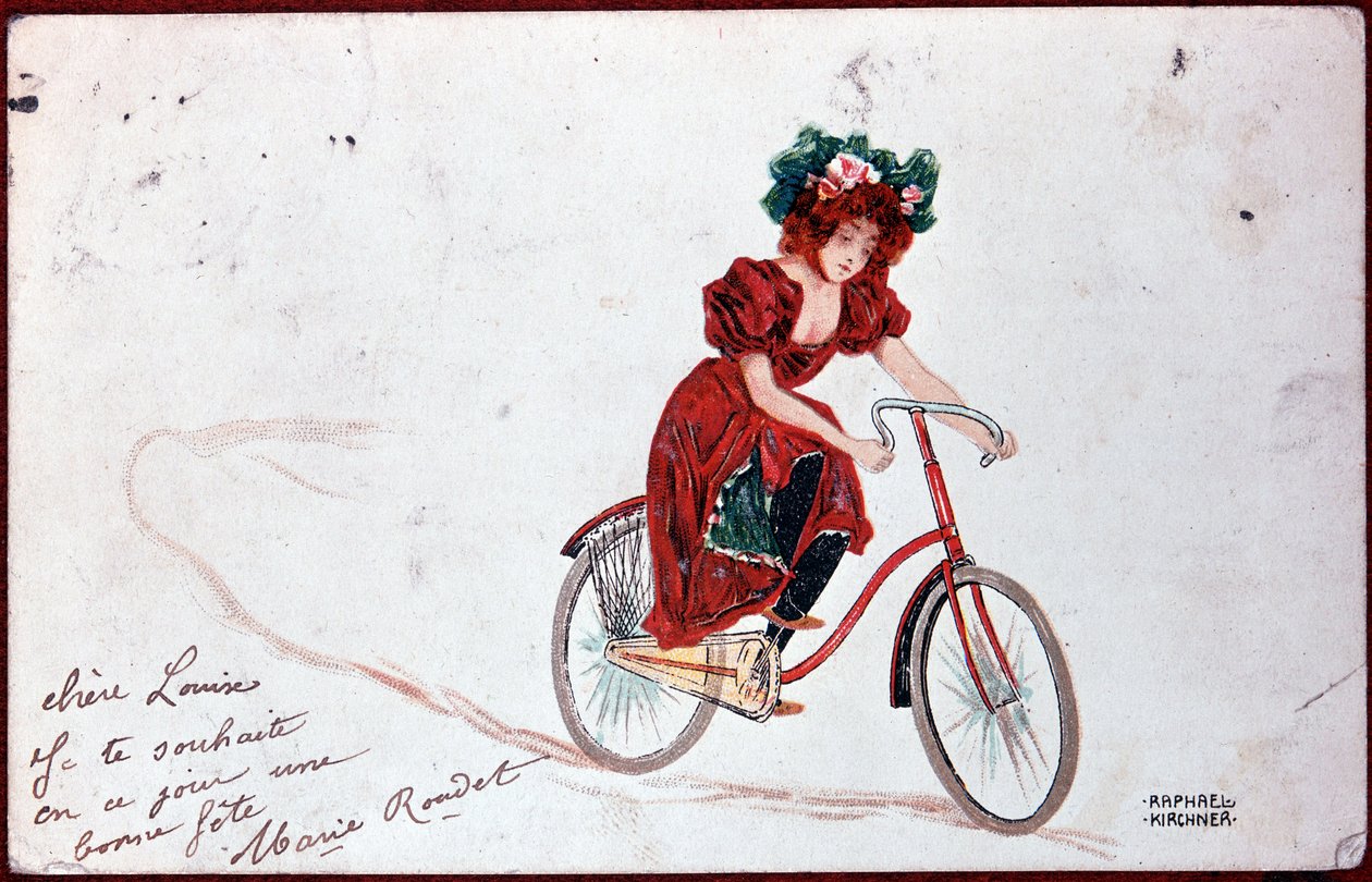 Cartão postal de uma mulher numa bicicleta - ilustração de R. Kirchner, v.1900 de Raphael Kirchner