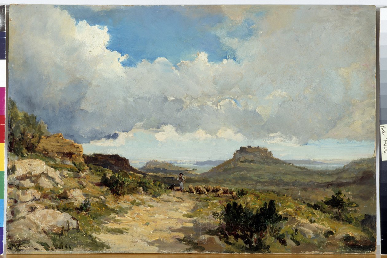 Berger a Miramas le Vieux, Etang de Berre nas Bocas do Ródano Pintura de Raphael Luc Ponson (1835-1904) Menção obrigatória: Fundação da coleção a respeito de Provence, Marselha de Raphael Luc Ponson