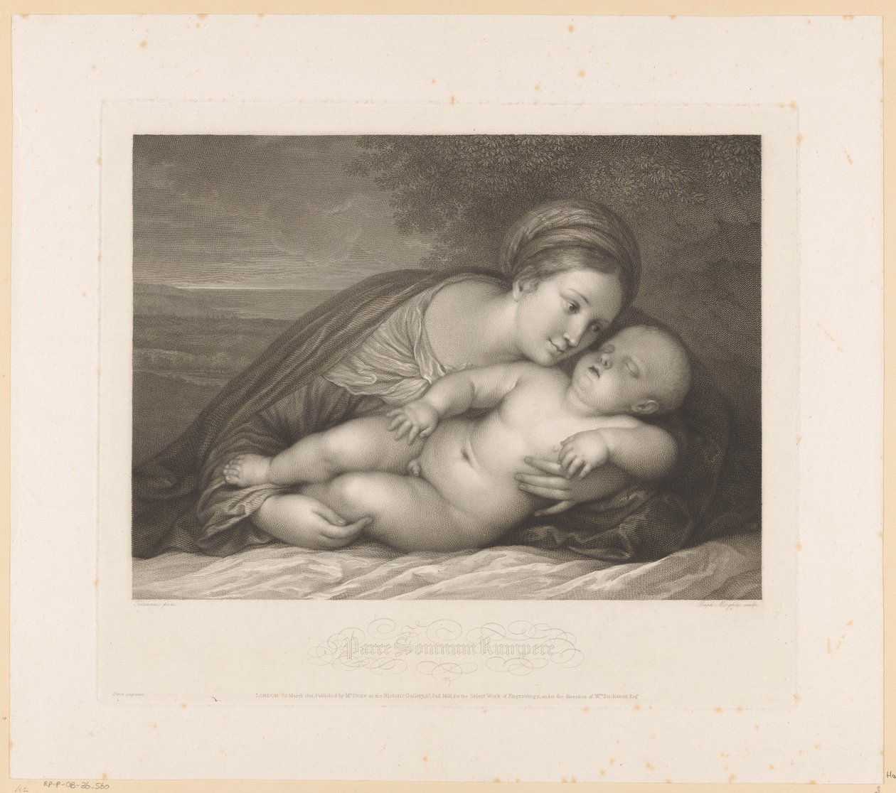 Maria com criança adormecida na paisagem
Parce Somnum Rumpere (título sobre o objecto) de Raphael Morghen