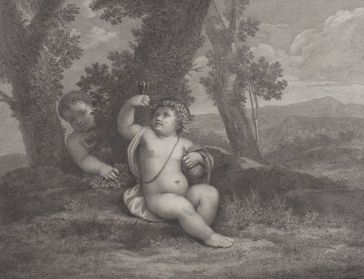O bebê Baco sentado debaixo de uma árvore, segurando uma taça de vinho, com outro bebê atrás..., 1780 de Raphael Morghen