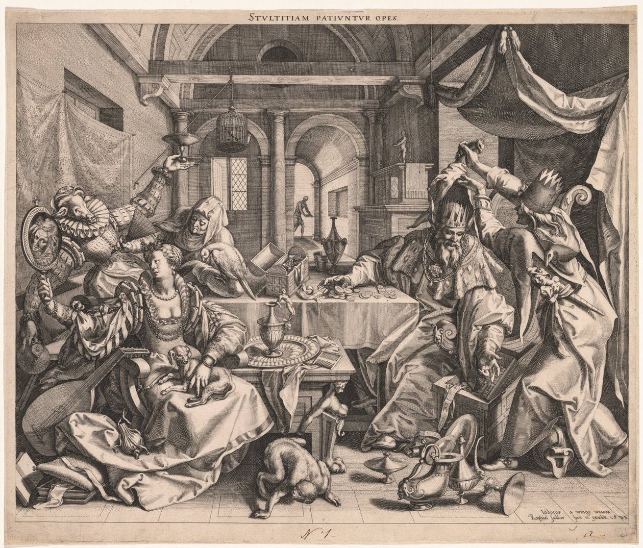 Stultitiam patiuntur opes (Riqueza permite Estupidez), ou, Alegoria da Riqueza, Luxúria, e Estupidez de Raphael Sadeler