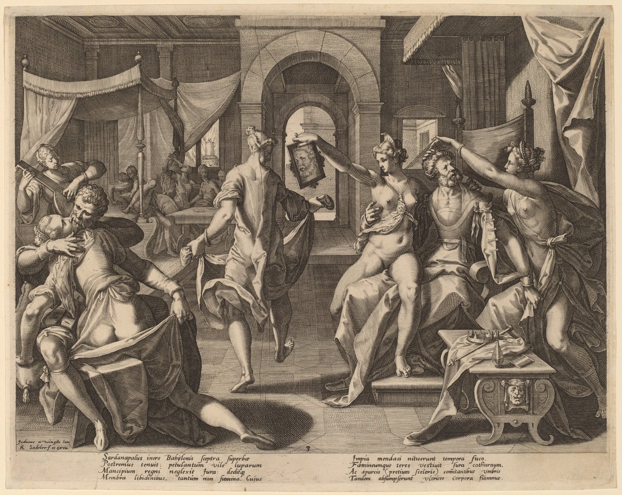 Sardanapalus among the Concubines de Raphael Sadeler I after Joos van Winghe