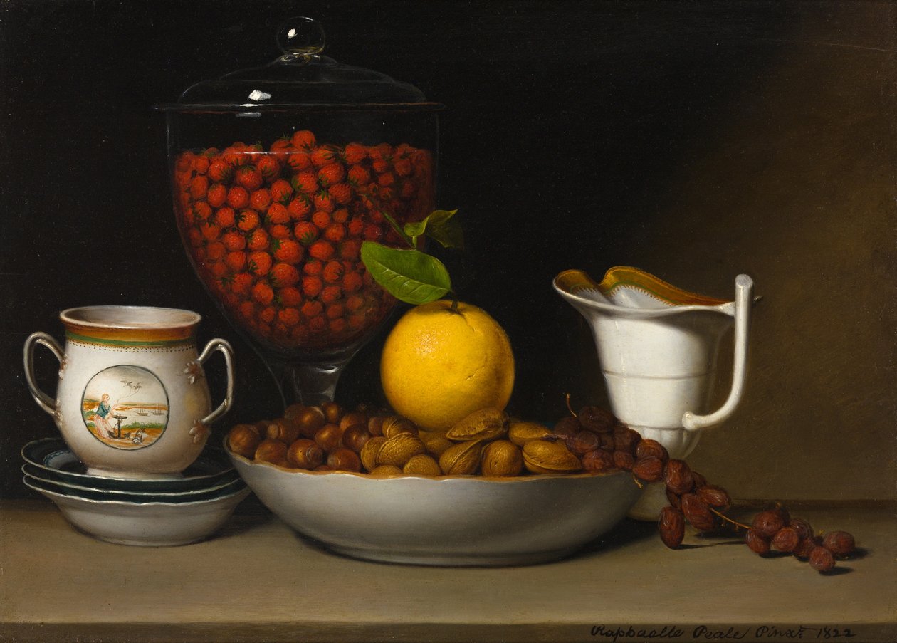 Natureza morta - morangos, nozes, etc., 1822. de Raphaelle Peale