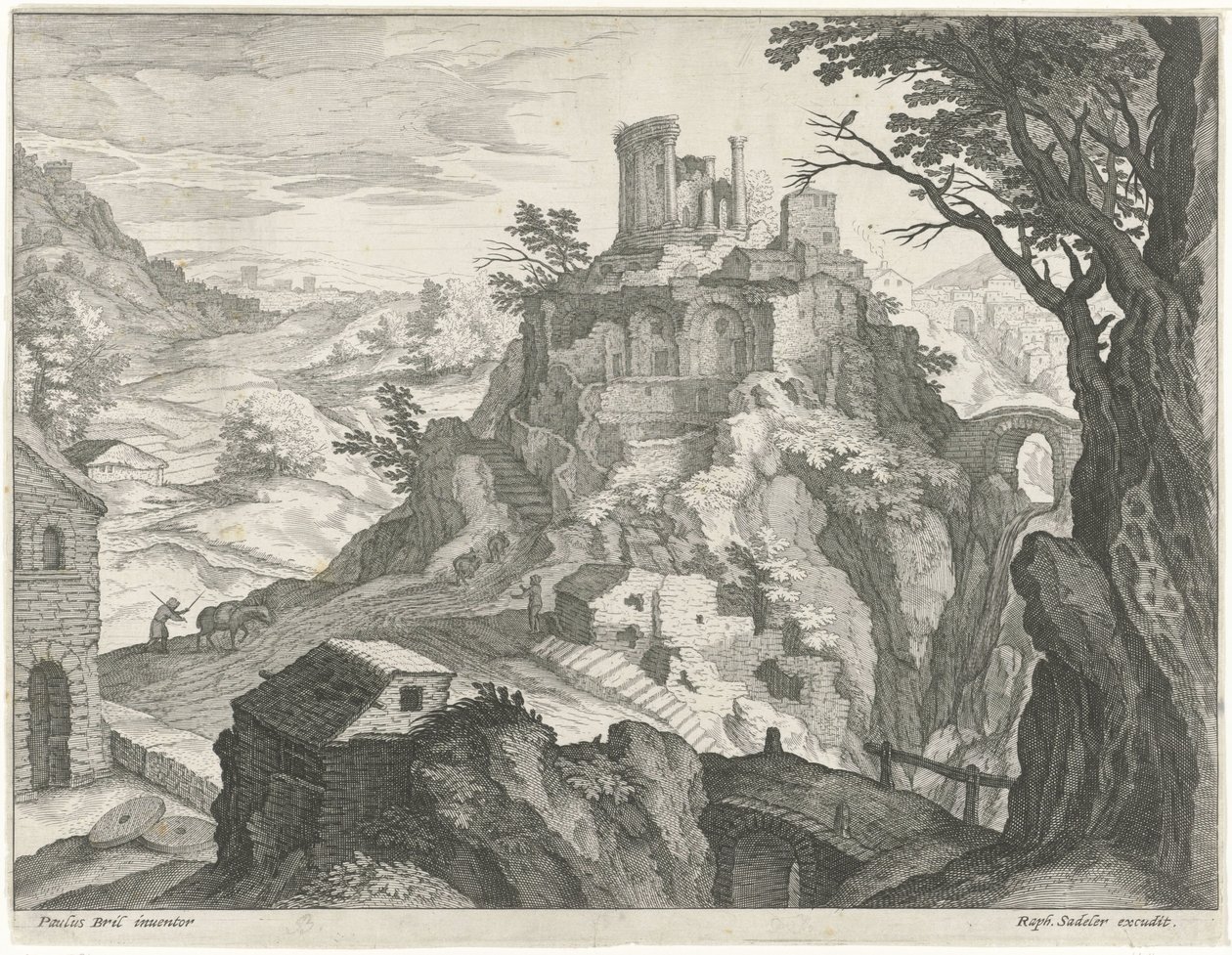 Paisagem com o Templo de Vesta em Tivoli de Raphaël Sadeler (I) (attributed to)