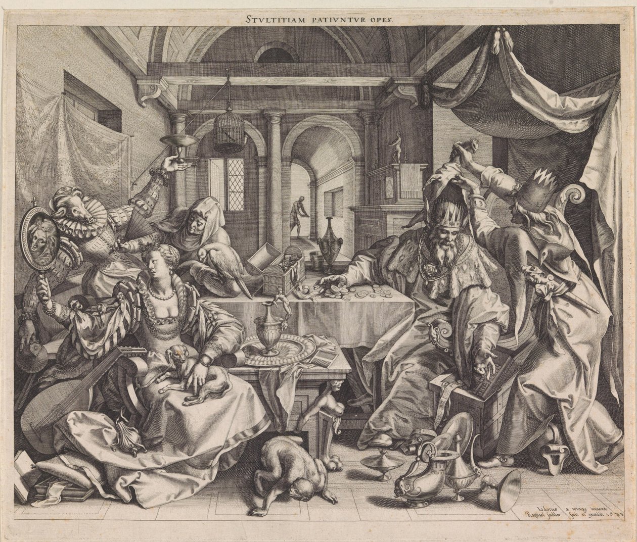 Alegoria da riqueza, luxúria e estupidez Stvltitiam Pativnvr opes (título no objeto) de Raphaël Sadeler (I)