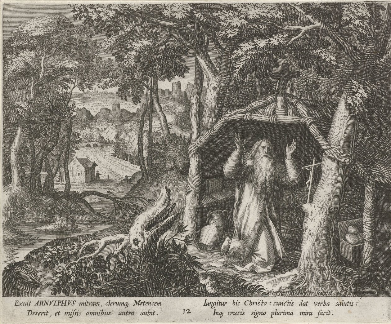São Arnoldo de Metz como eremita
A vida virtuosa dos ermitãos (título da série)
Trophaeum vitae solitariae (título da série) de Raphaël Sadeler (I)