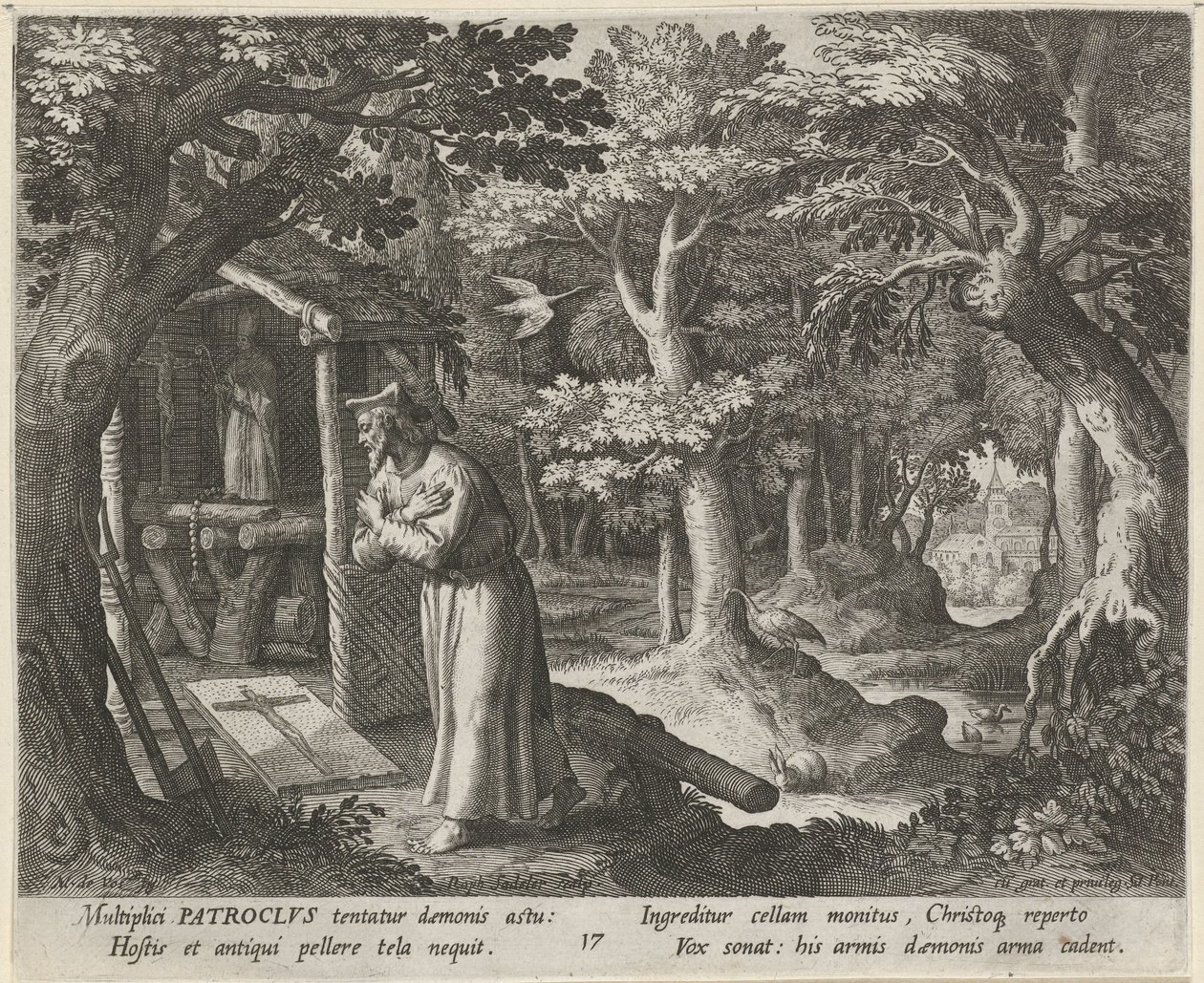 Santo Pátroclo de Néris como eremita
A vida virtuosa dos ermitãos (título da série)
Trophaeum vitae solitariae (título da série) de Raphaël Sadeler (I)