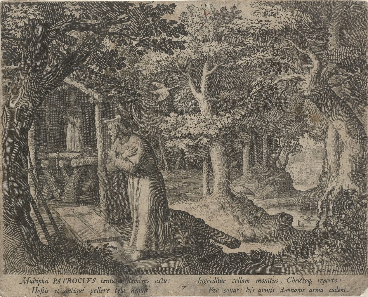 Santo Pátroclo de Néris como eremita
A vida virtuosa dos ermitãos (título da série)
Trophaeum vitae solitariae (título da série) de Raphaël Sadeler (I)