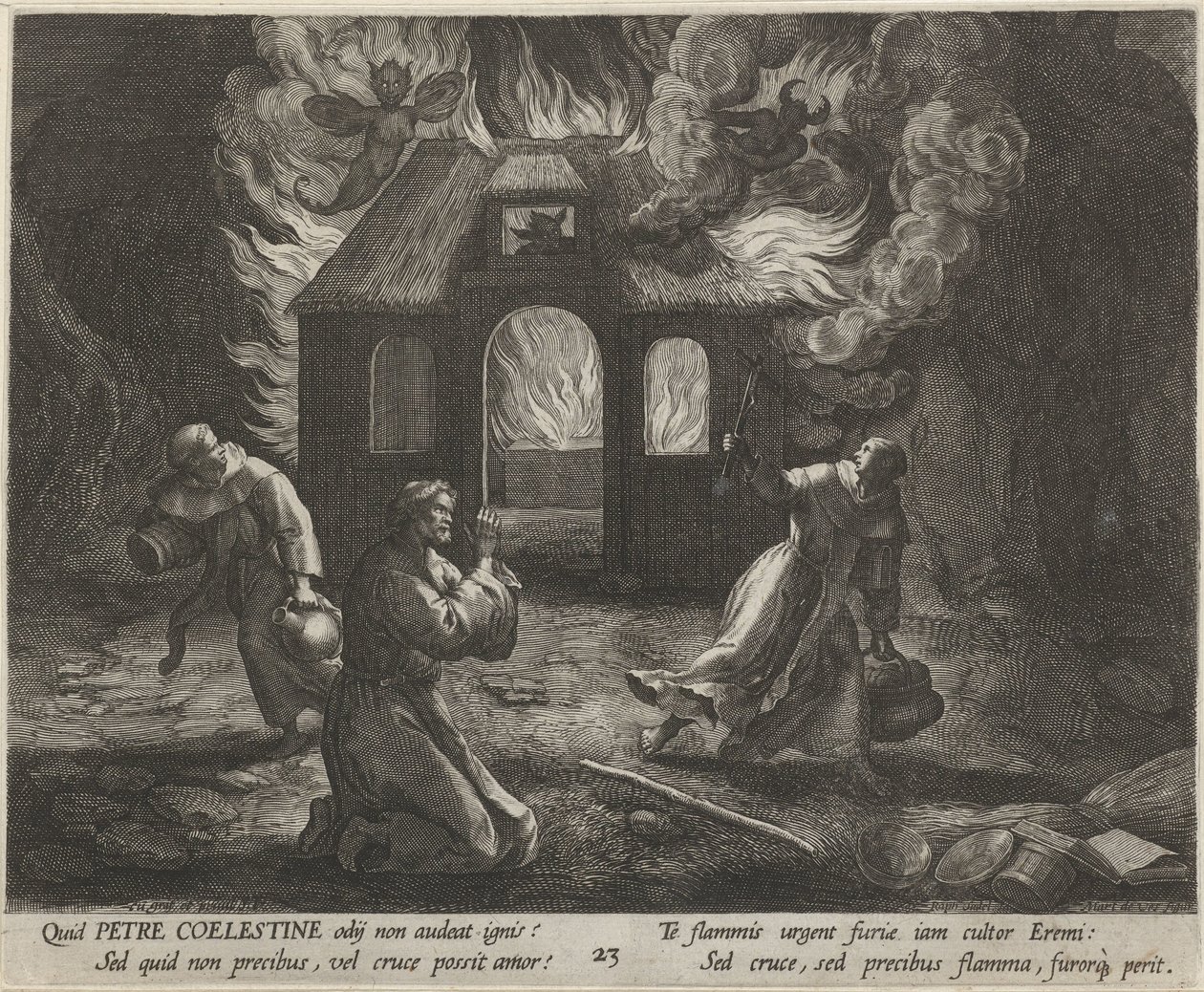 São Pedro Coelestinus como eremita
A vida virtuosa dos ermitãos (título da série)
Trophaeum vitae solitariae (título da série) de Raphaël Sadeler (I)
