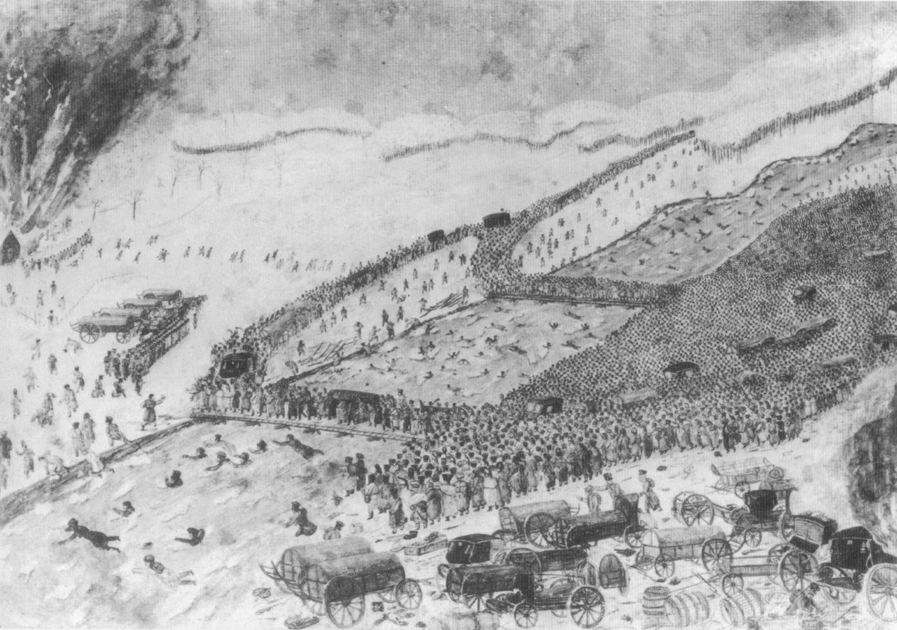 A passagem de Berezina, 26 de novembro de 1812. O artista ainda não era ne. Veja, neste livro: O Plano da Tenente Swidy. No final das duas pontes, o Grande Armée cruzou os pântanos no dique. Tropas são representadas na íntegra de Raymond Fournier Sarloveze