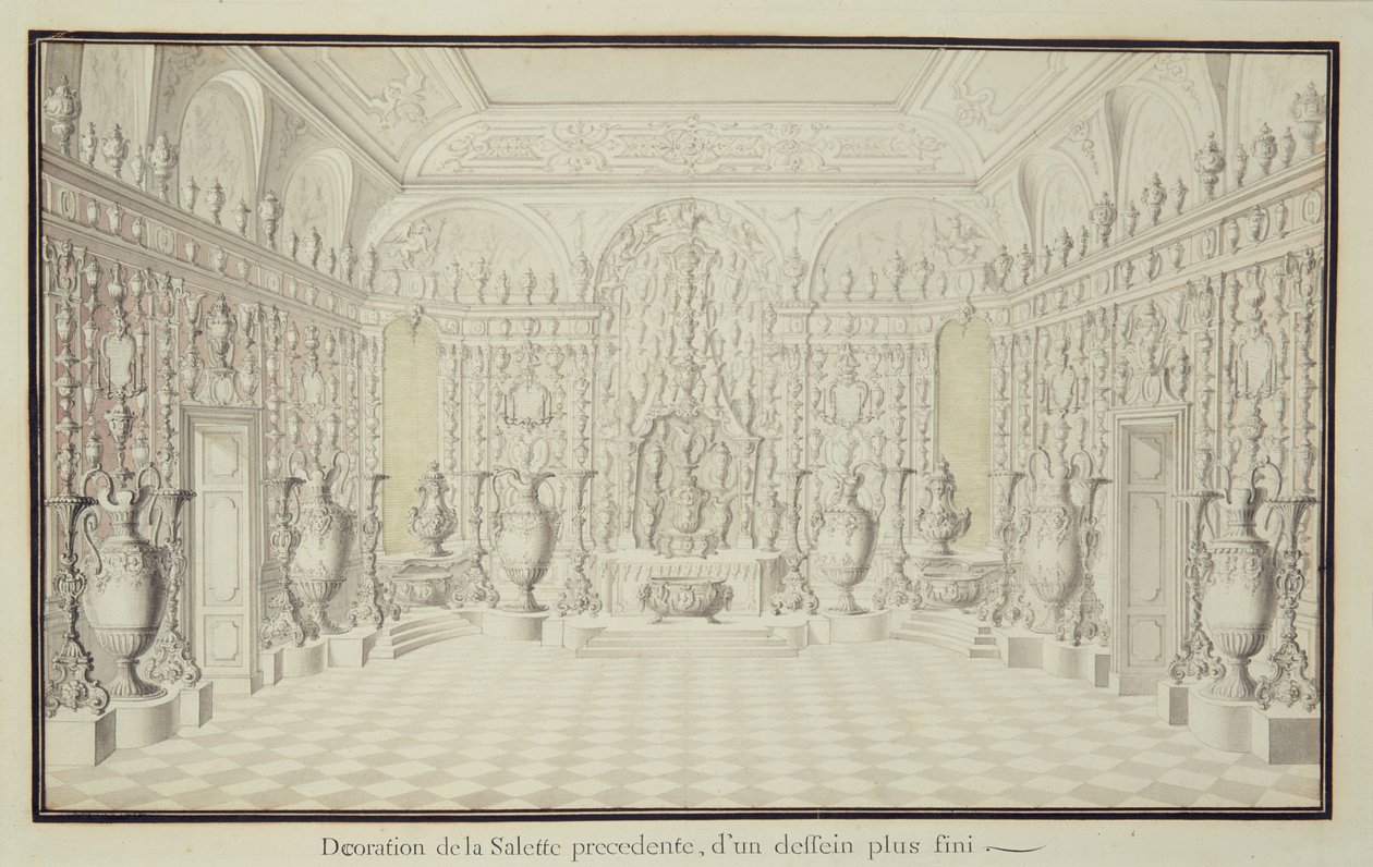 Mostrar parede com vasos de prata e ouro na sala da torre do Palácio de Dresden de Raymond Leplat