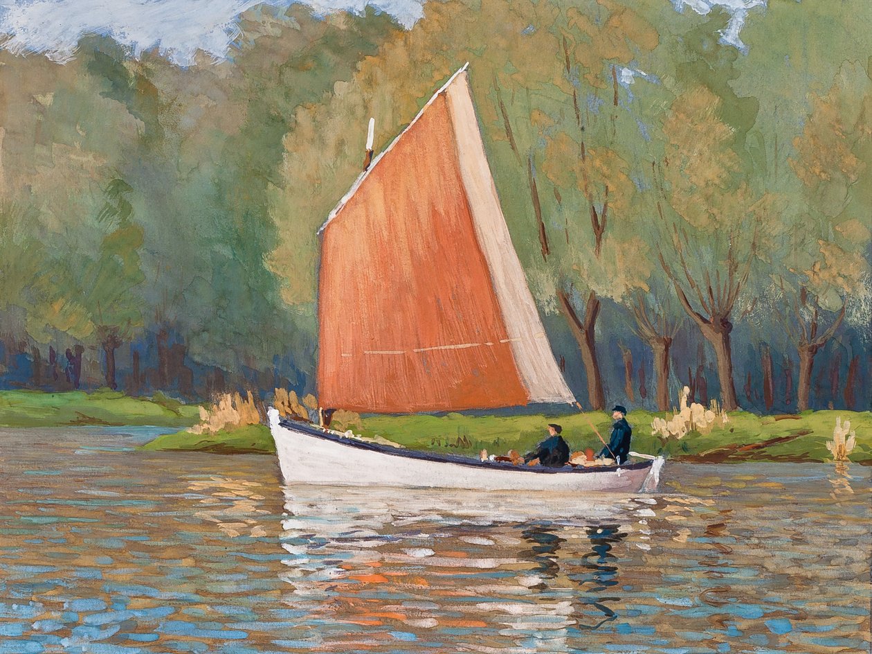 Dois pescadores num barco, estuário da Gironda (guache sobre papel) de Raymond Bonnefon