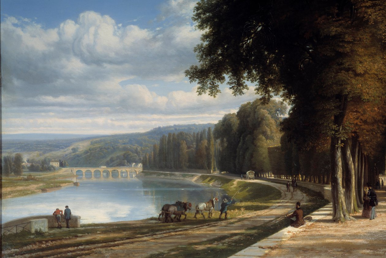 Caminhe até o Parc de Saint Cloud Detail nas margens do Sena, cavalos no caminho de sirga. Pintura de Raymond Esbrat (1809-1856) 1850 Roanne. Museu Joseph Dechelette de Raymond Esbrat
