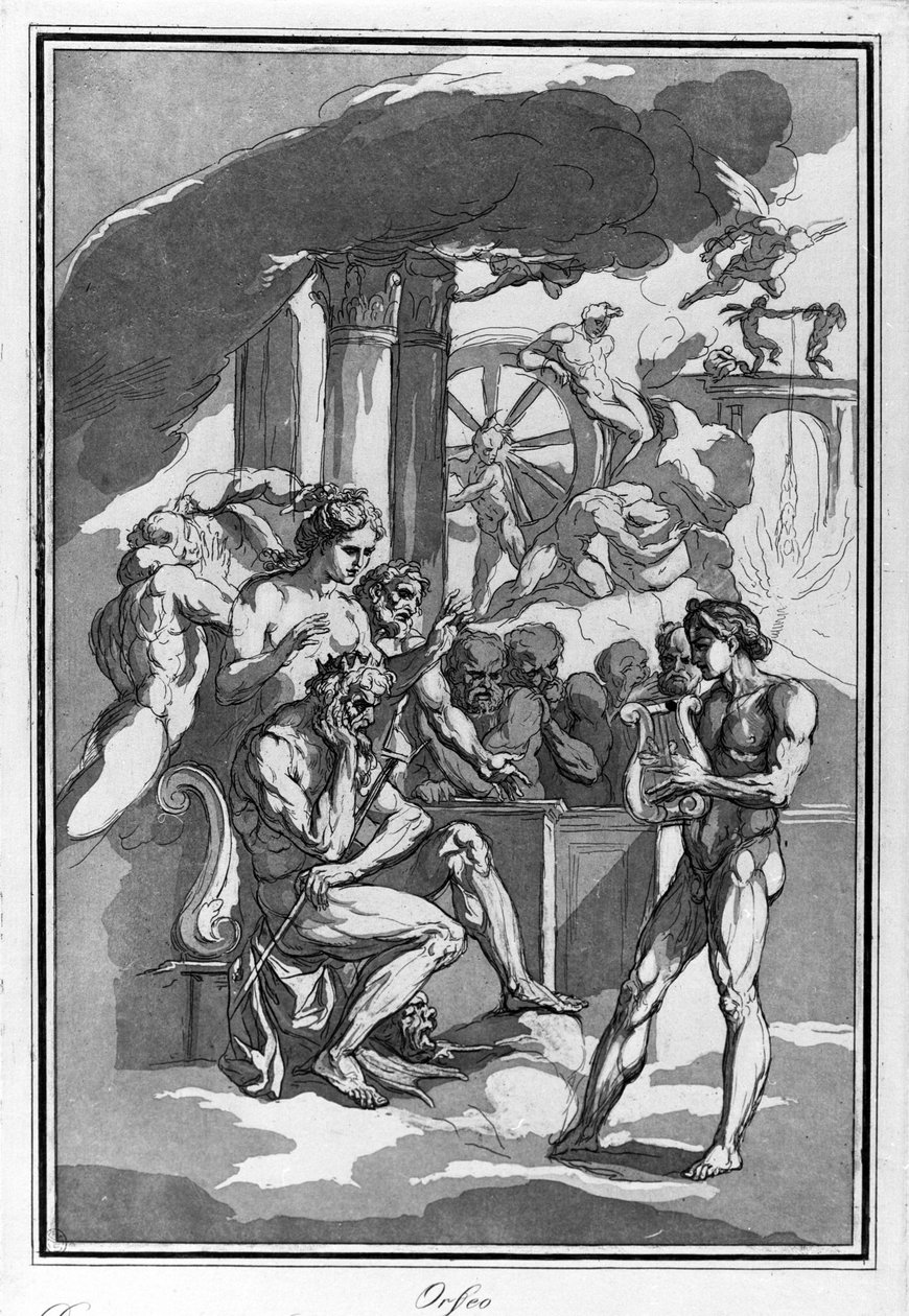 Orfeu no Submundo pede a Minos a sua esposa Eurydice. Desenho aquarelado de Raimondo La Fage. de Raymond Lafage