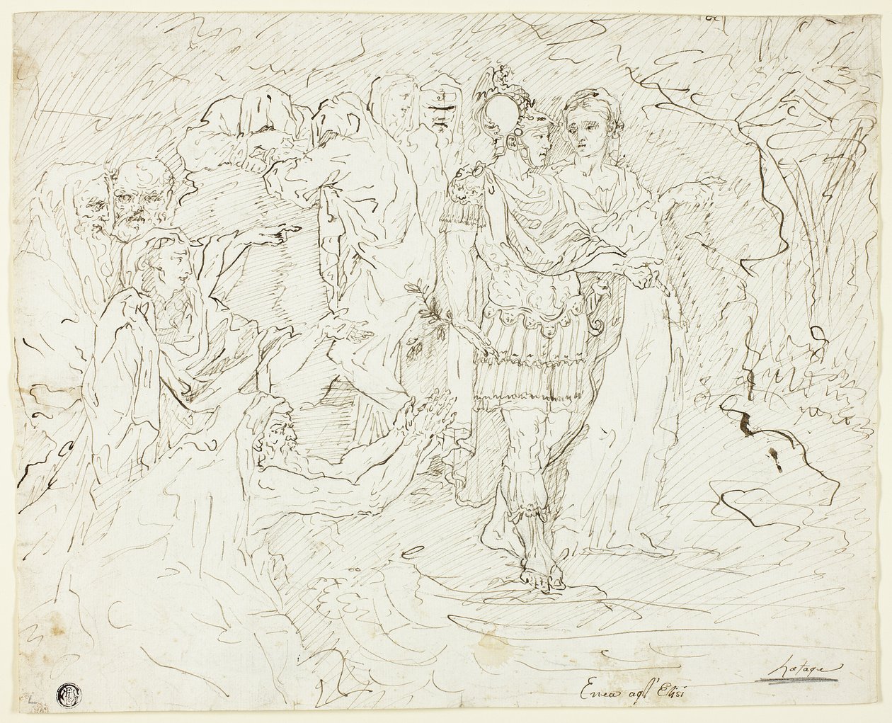 Eneias nos Campos Elísios (anverso); Esboços de grupos de figuras (verso) de Raymond de Lafage