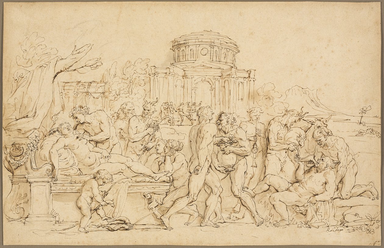 Baco e Ariadne, com Sileno, Ninfas e Sátiros de Raymond de Lafage