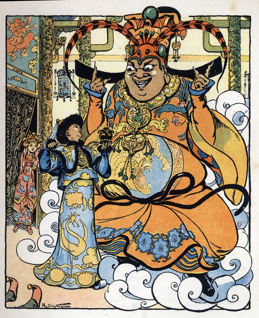 Aladino, a princesa Badroulboudour e o génio em frente ao corpo do mágico africano: ilustração para o conto "Aladino ou a lâmpada maravilhosa" das "Noites da Arábia de Raymond de la Neziere