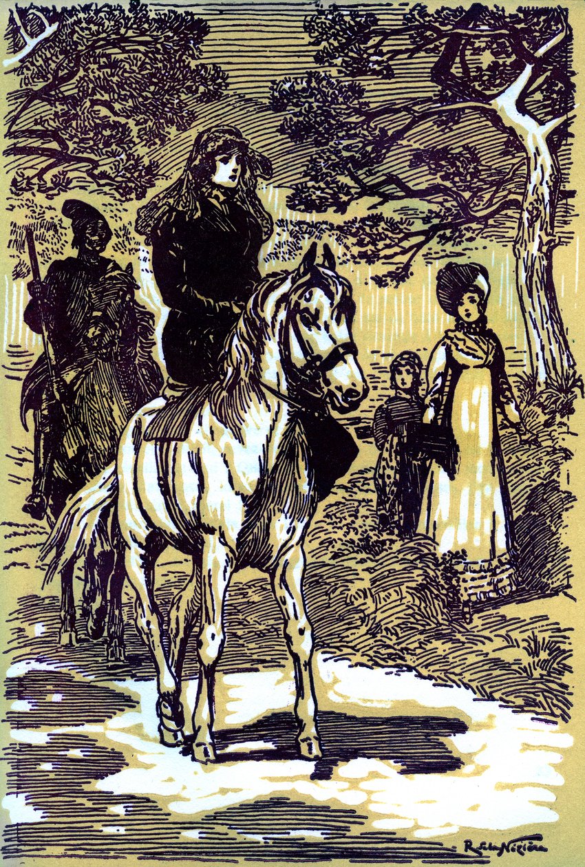 Colomba, vestida de luto, a cavalo, seguida por um camponês da Córsega de Raymond de la Neziere