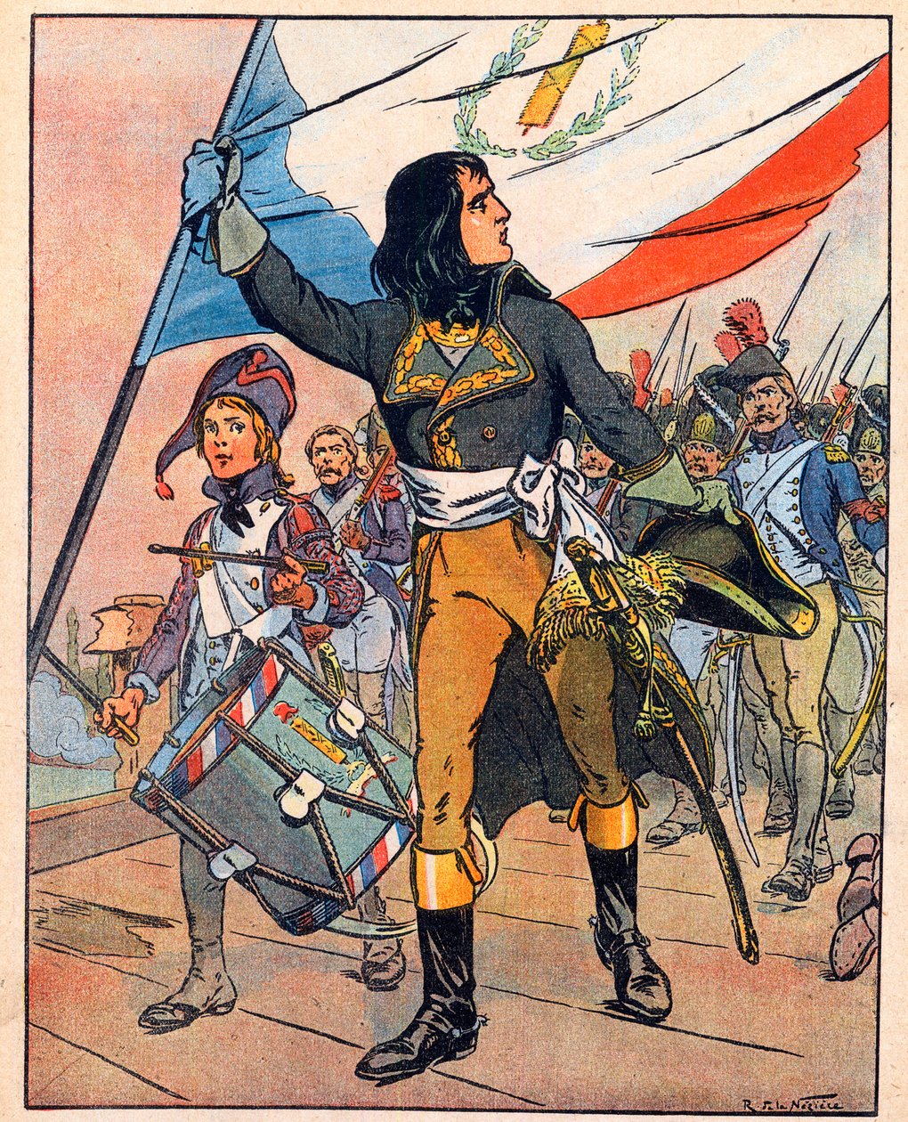 Primeira campanha italiana: Napoleão Bonaparte (1769-1821) na Batalha da Ponte de Arcole, novembro de 1796" retirado de "Nos-Gloires-Nationales" c.1920 (gravura) de Raymond de la Neziere