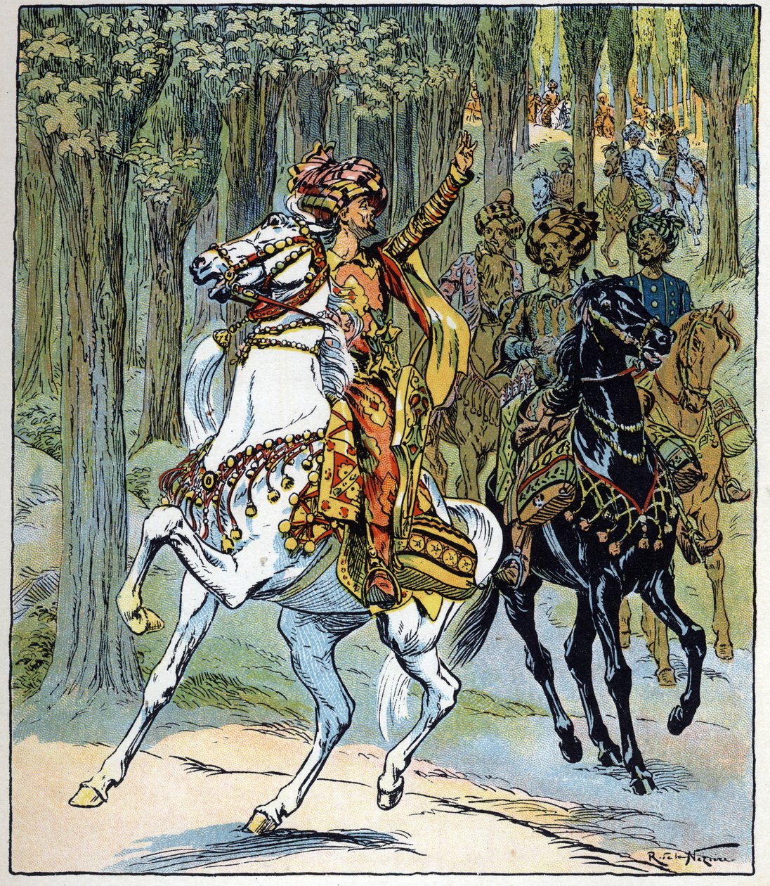 Ladrões a cavalo: ilustração do conto "Aladino ou a lâmpada maravilhosa" das "Noites da Arábia de Raymond de la Neziere