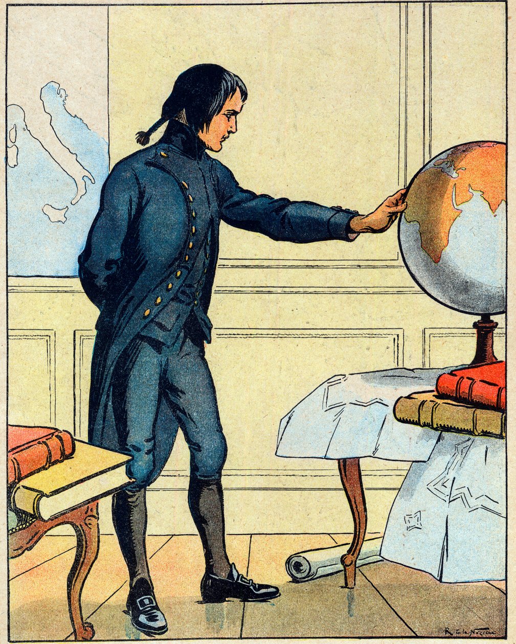 Napoleão Bonaparte (1769-1821), consulta um globo terrestre na escola de Brienne, aos 19 anos de idade, retirado de "Nos-Gloires Nationales", c.1920 (gravura) de Raymond de la Neziere