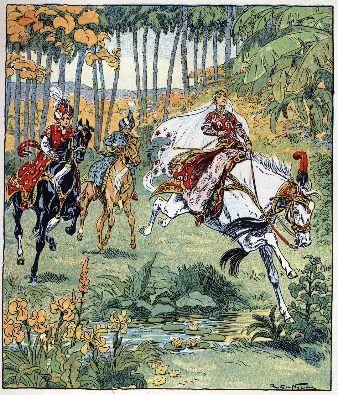 Parizade ultrapassa os seus irmãos Bahman e Pervis na corrida de cavalos. Ilustração de Raymond de La Neziere (1865- 1953) para o conto "Histoire des deux sœurs jealous de leur cadette" em "Les mille et une nuits" (les 1001 nuits ou Le mille e una notte, A de Raymond de la Neziere