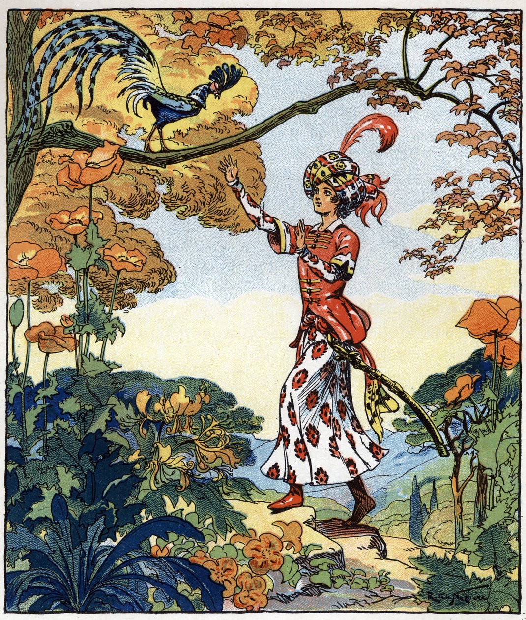 Parizade correu para o pássaro e pôs-lhe a mão em cima: ilustração para o conto "Aladin ou a lâmpada maravilhosa" em "Noites da Arábia de Raymond de la Neziere