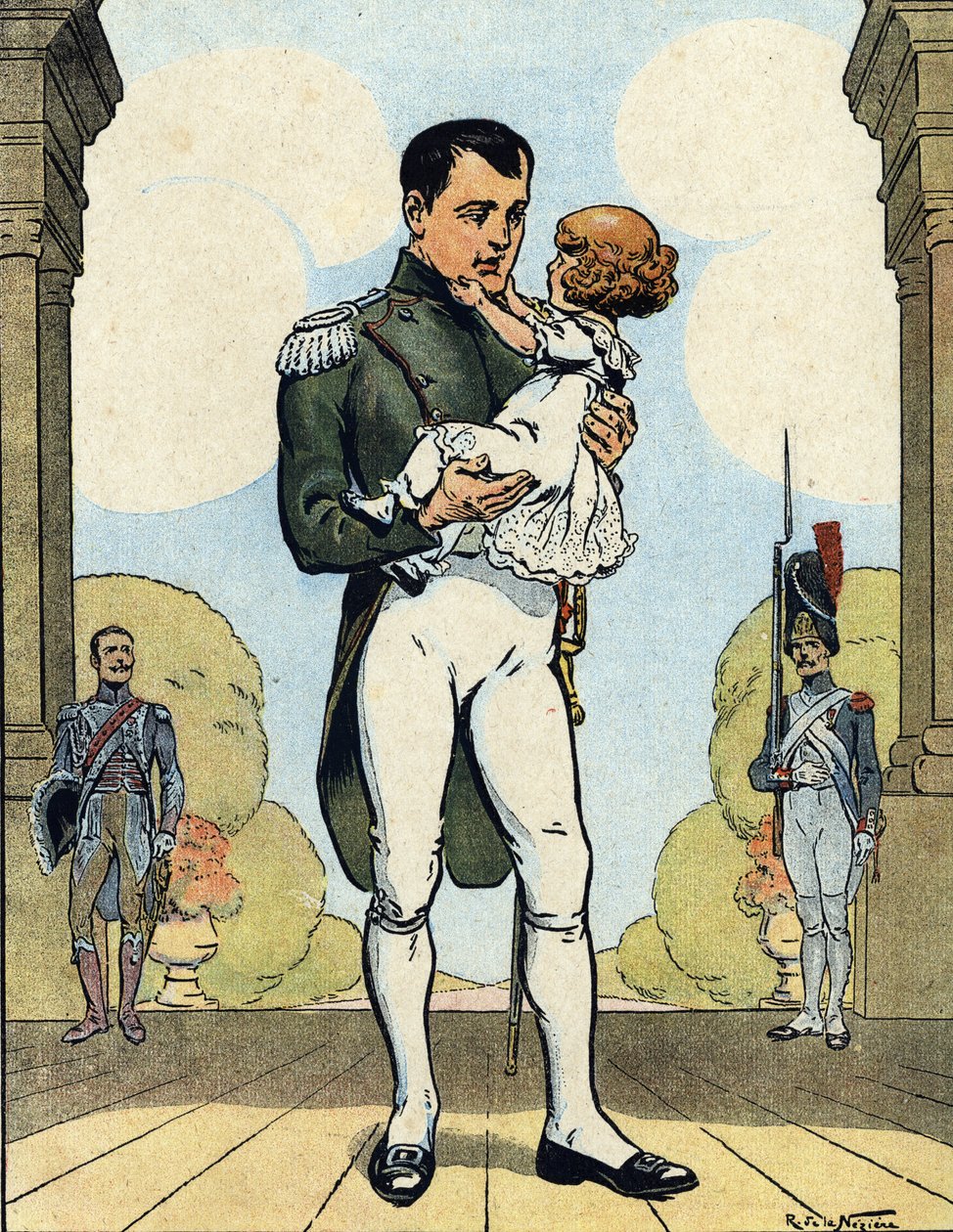 Retrato do Imperador Napoleão I (1769-1821) com o seu filho Aiglon (1811-1832) (Rei de Roma Napoleão II, Duque de Reichstadt) (Imperador francês Napoleão I com o seu filho Napoleão II) Ilustração de Raymond de Neziere em "Our-Glories-Nationales" 1920 DR Pr de Raymond de la Neziere