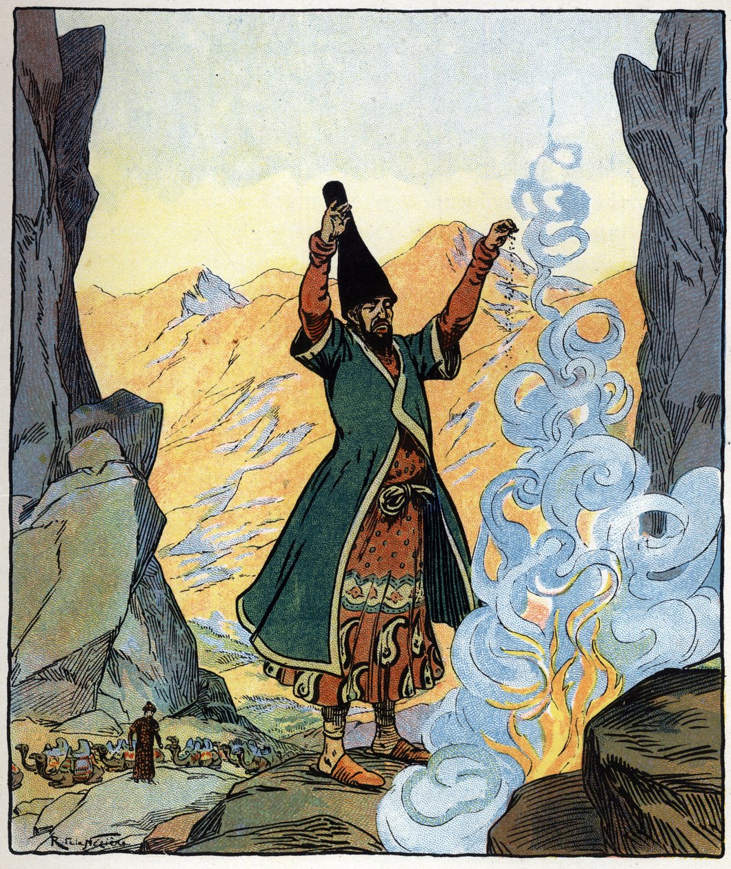 O monge dervixe acende o fogo e polvilha-o: ilustração do conto "Aladino ou a lâmpada maravilhosa" das "Noites da Arábia de Raymond de la Neziere