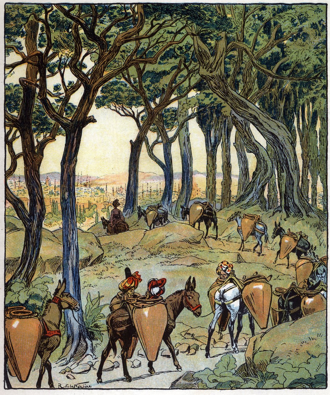 Toda a caravana tomou o caminho para a cidade: ilustração para o conto "Aladin ou a lâmpada maravilhosa" em "Noites da Arábia de Raymond de la Neziere