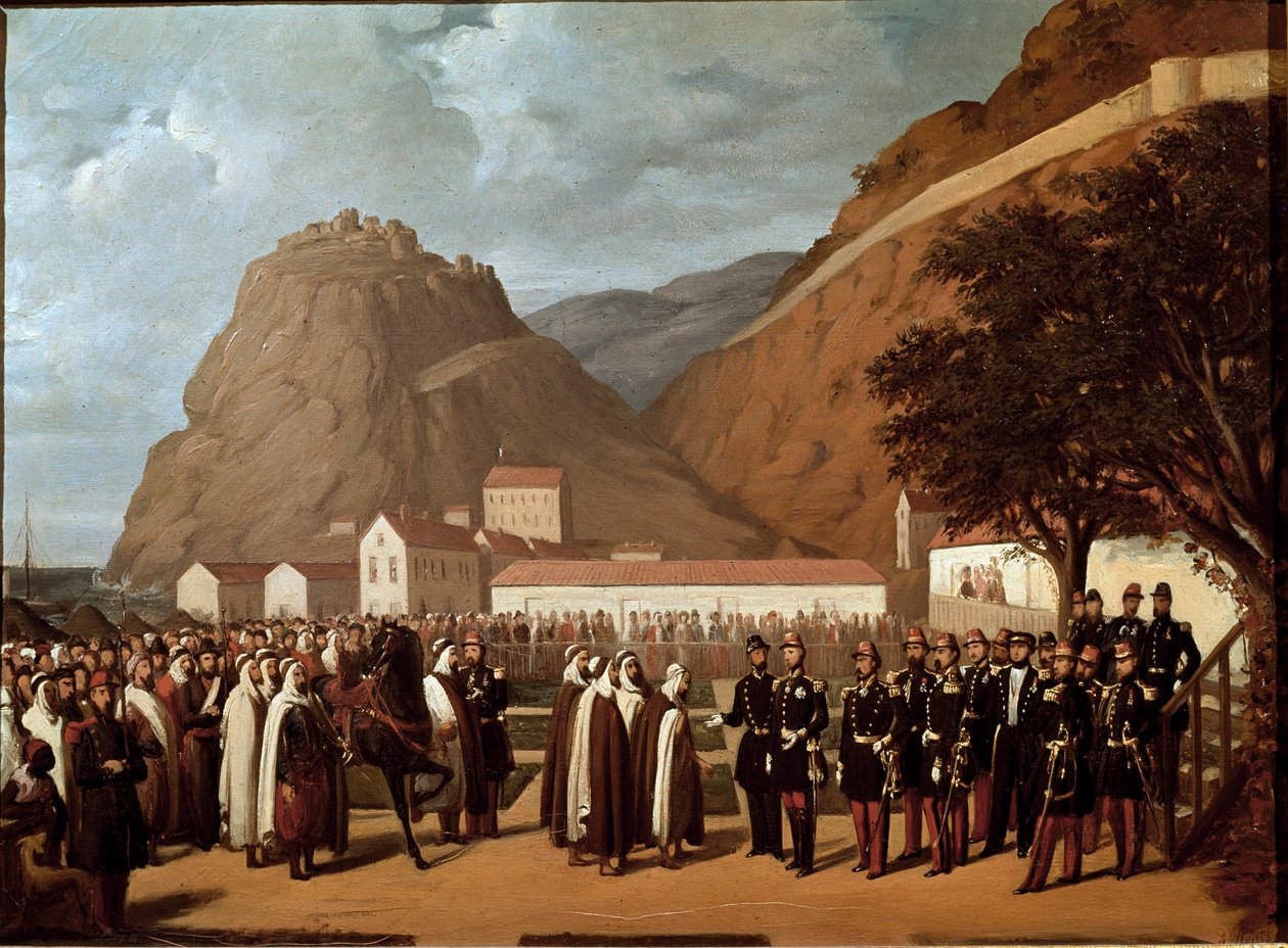 Conquete da Argélia (1830-1847): a submissão de Abd el Kader (Abd-el-Kader ou ibn Muhyi al-Din al-Hasani (al Din al-Hasani) (1808-1883) ao Duque de Aumale e aos franceses Armee em 24/12/1847 - Pintura de Regis Augustin (1813-1880) Século XIX Músculo de Regis Augustin