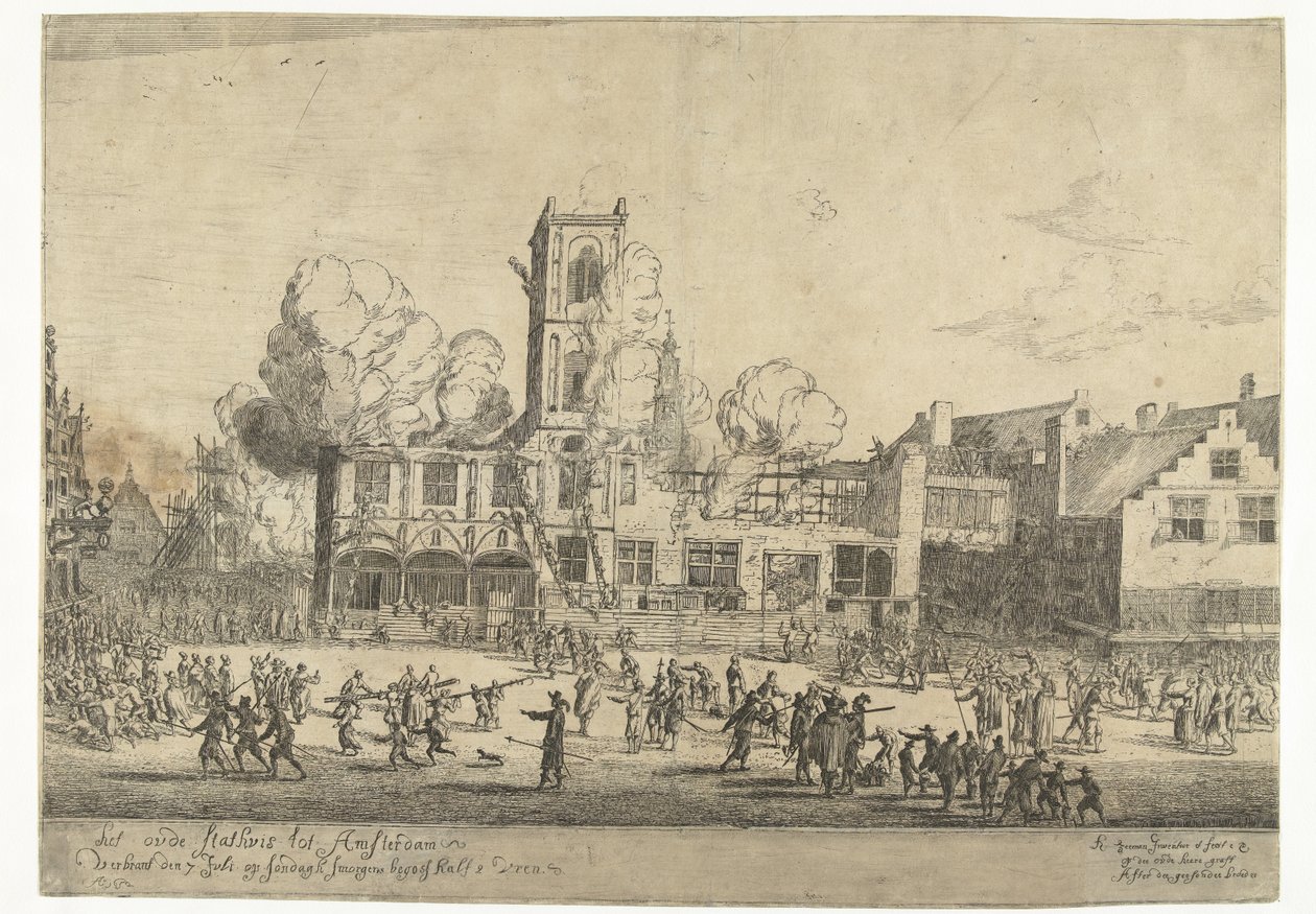 Incêndio da antiga Câmara Municipal de Amesterdão A antiga Prefeitura de Amsterdã foi incendiada em 7 de julho na manhã de domingo às duas e meia Ao 1652 (título no objeto) de Reinier Nooms
