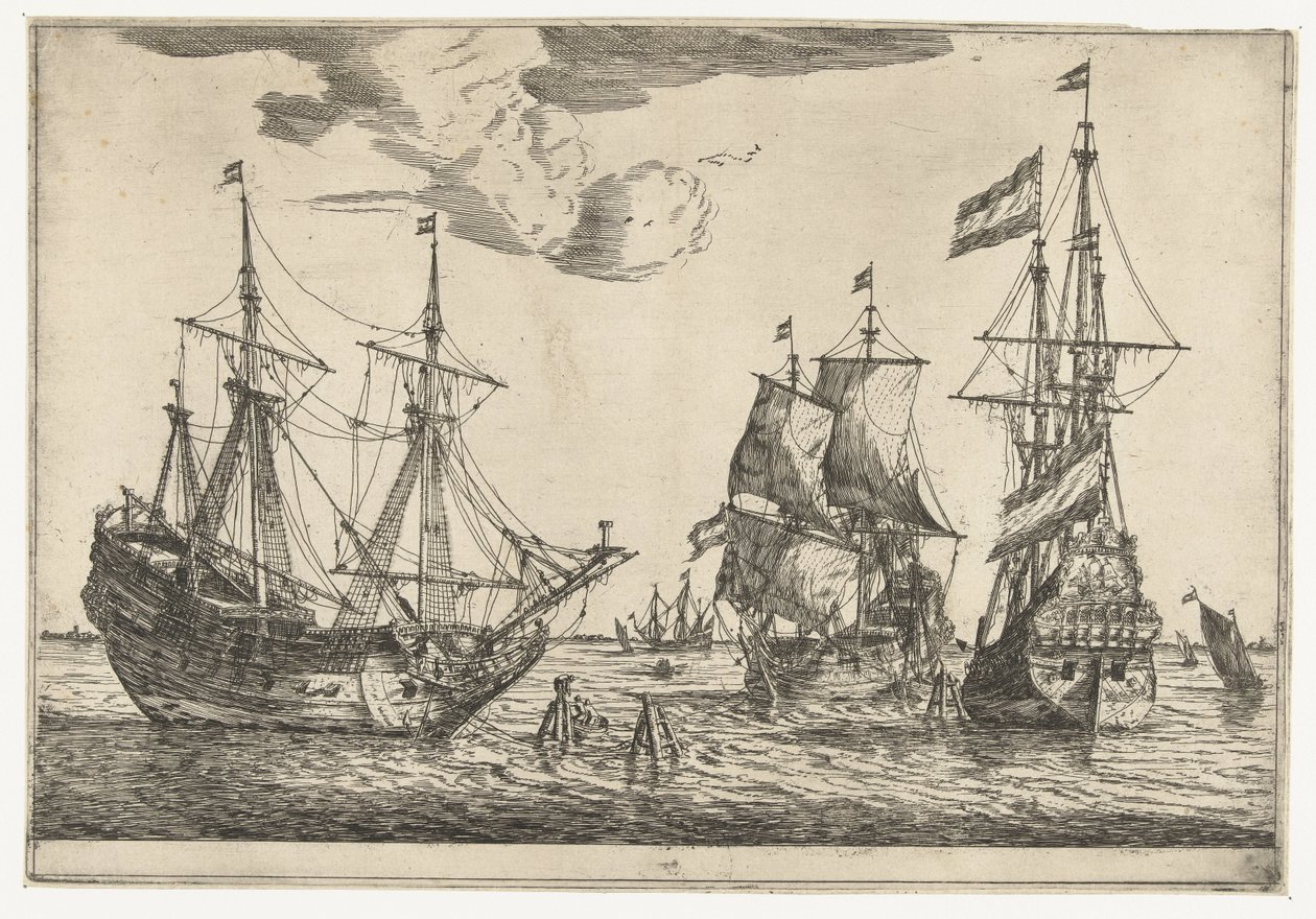 Três veleiros atracados
Treze cenas com navios (título da série) de Reinier Nooms