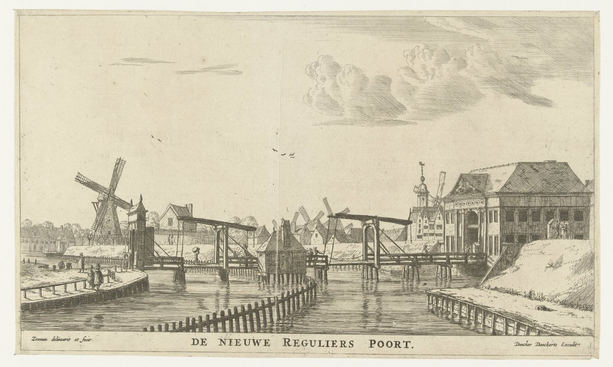 Vista do Terceiro Regulierspoort em Amesterdão
O novo Reguliers Poort (título sobre o objecto)
Portões da cidade de Amesterdão (título da série)
New and eygentlycke afbeeldinghe der stadts-poorten van Amsterdam in 