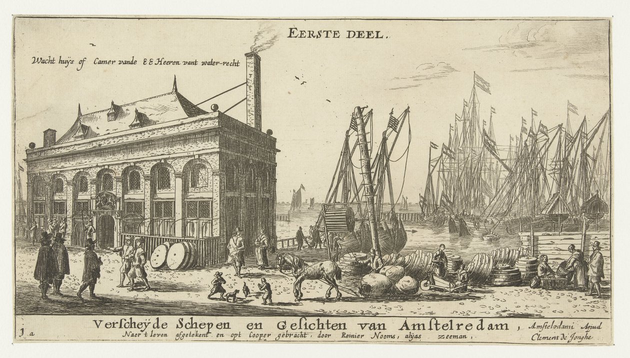 Porto de Amsterdã com a casa de guarda Assista huÿs of camer vande EE Heeren vant water-recht (título no objeto) Vários navios e paisagens urbanas de Amsterdã, primeira parte (título da série) Primeira parte. Vários navios e pontos turísticos de Amstelreda de Reinier Nooms