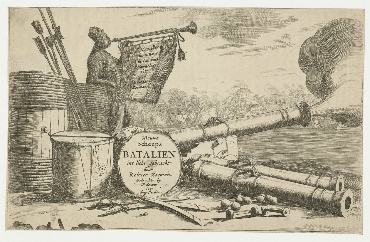 Página de título mostrando o equipamento de um navio de guerra e de um trompetista
Nouvelles inventions de Combates Navaeles par Reinier Zeeman (título sobre o objecto)
Novos batalhões de navios trazidos à luz por Reinier Zeeman (título sobre o objecto)
 de Reinier Nooms