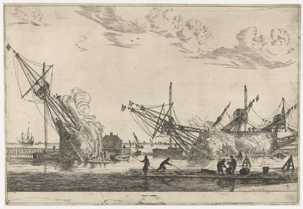 Impermeabilização dos cascos de três navios da flauta
Treze cenas com navios (título da série) de Reinier Nooms