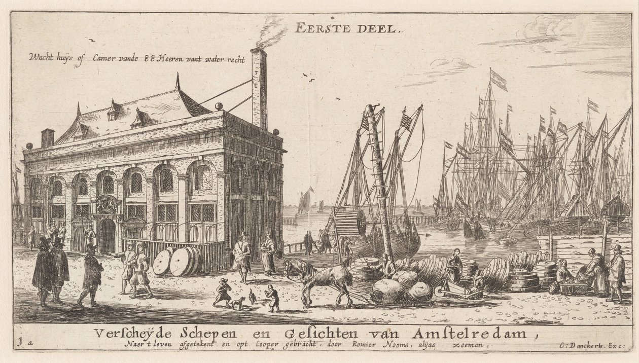 Vista do Porto de Amsterdã com o Escritório da Autoridade da Água (Página de Título) de Reinier Nooms, called Zeeman