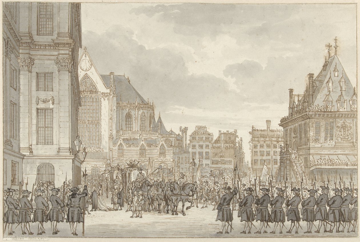 Chegada do Príncipe William V e Frederica Sophia Wilhelmina da Prússia à Câmara Municipal na Praça da Barragem em Amesterdão, 30 de Maio de 1768 de Reinier Vinkeles (I)